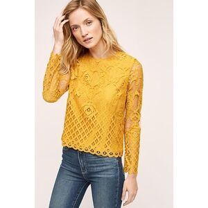 Anthropologie MOULINETTE Yellow Lace Top Blouse Floral Openwork Coquette Medium